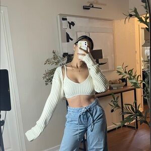 Cream Ribbed Knit Crop Top